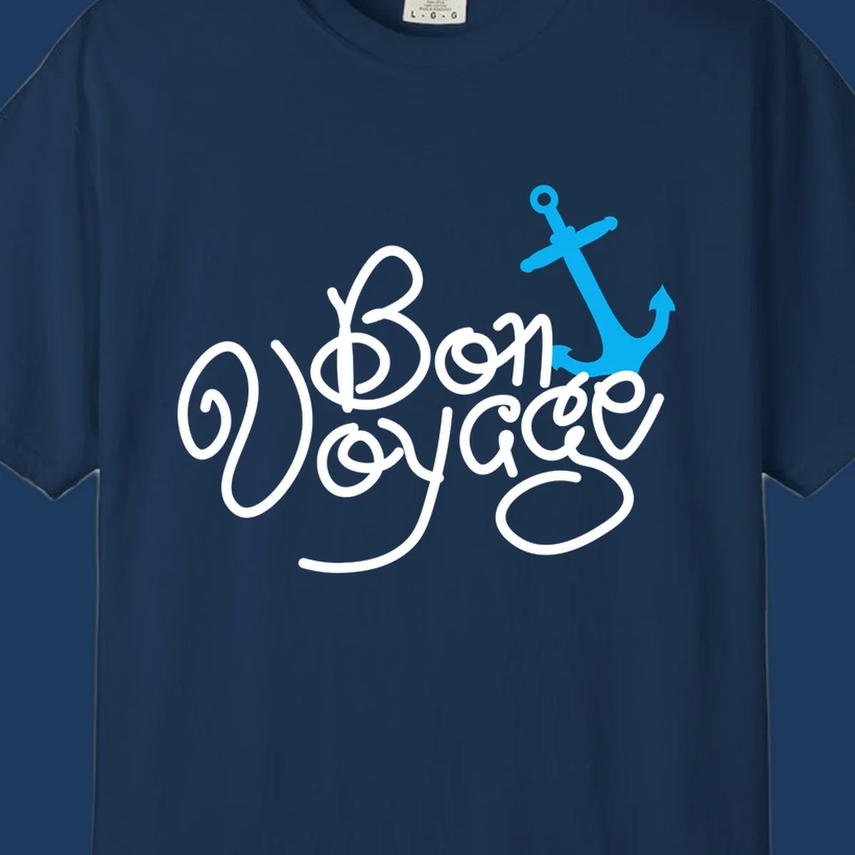 White cursive text reading 'On Board Voyage' with a bright blue anchor graphic on gray background