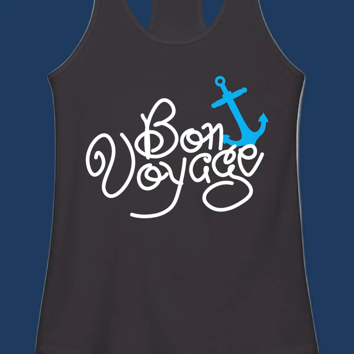 White cursive text reading 'On Board Voyage' with a bright blue anchor graphic on gray background