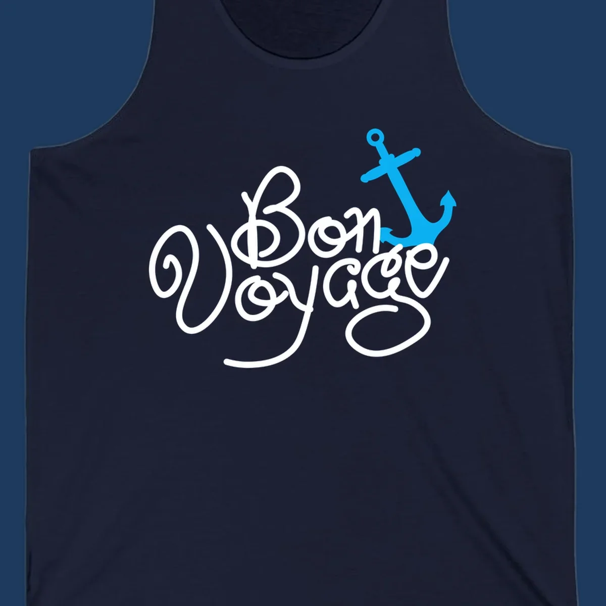 White cursive text reading 'On Board Voyage' with a bright blue anchor graphic on gray background