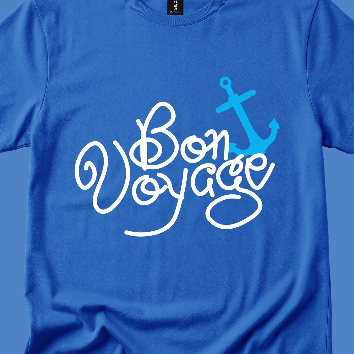 White cursive text reading 'On Board Voyage' with a bright blue anchor graphic on gray background