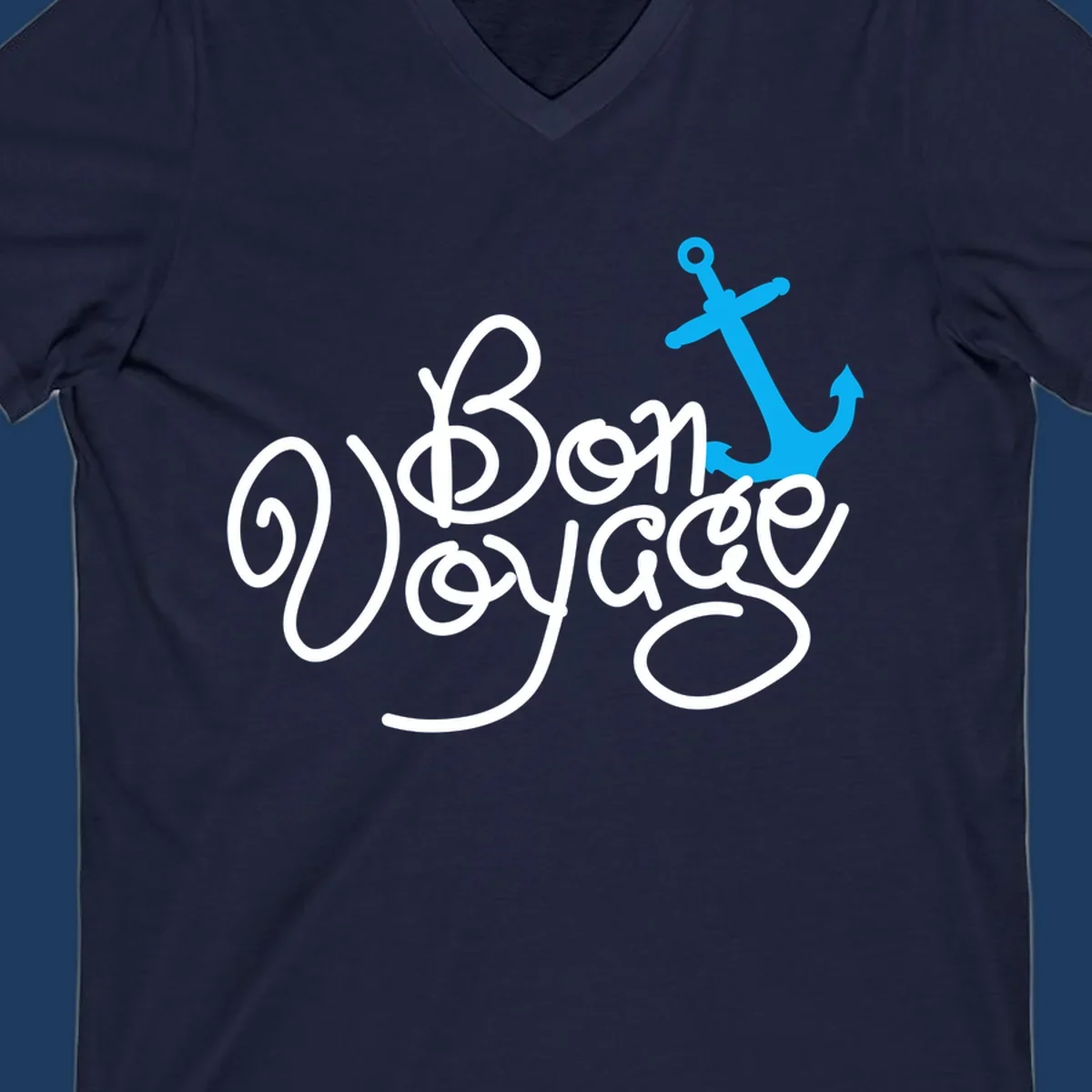 White cursive text reading 'On Board Voyage' with a bright blue anchor graphic on gray background