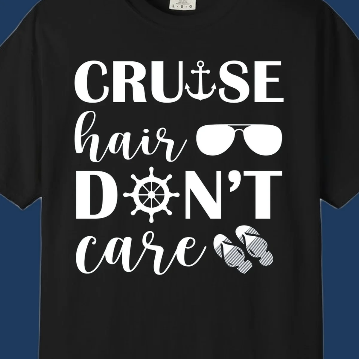 Cruise hair don't care design with nautical icons including anchor, sunglasses, ship wheel and flip-flops on gray background