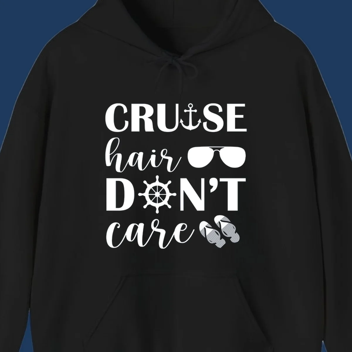 Cruise hair don't care design with nautical icons including anchor, sunglasses, ship wheel and flip-flops on gray background
