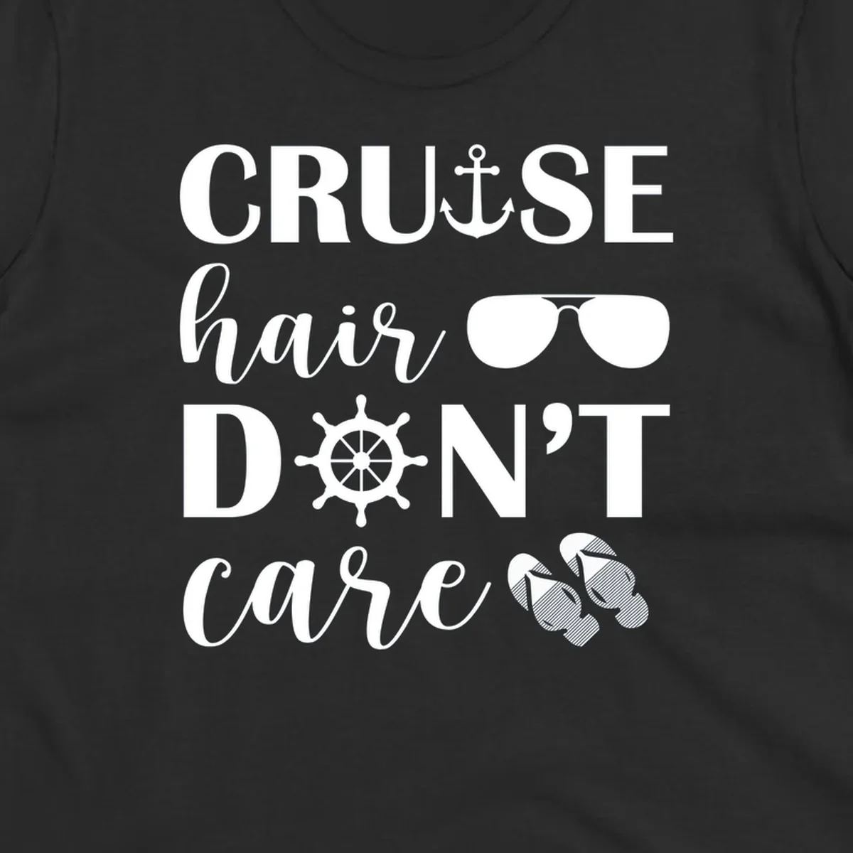 Cruise hair don't care design with nautical icons including anchor, sunglasses, ship wheel and flip-flops on gray background