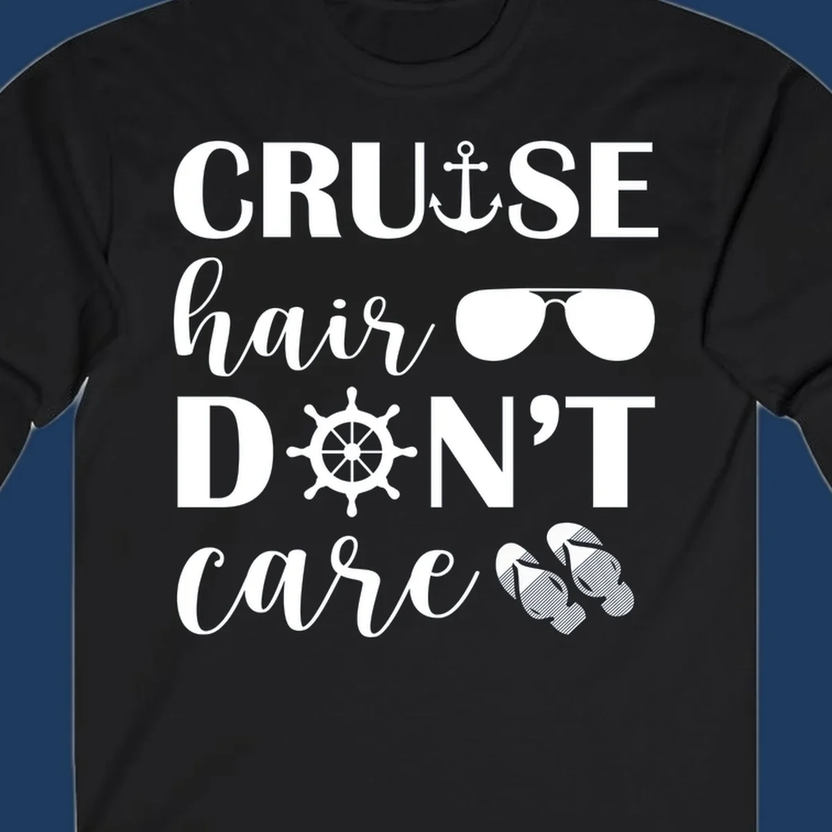Cruise hair don't care design with nautical icons including anchor, sunglasses, ship wheel and flip-flops on gray background