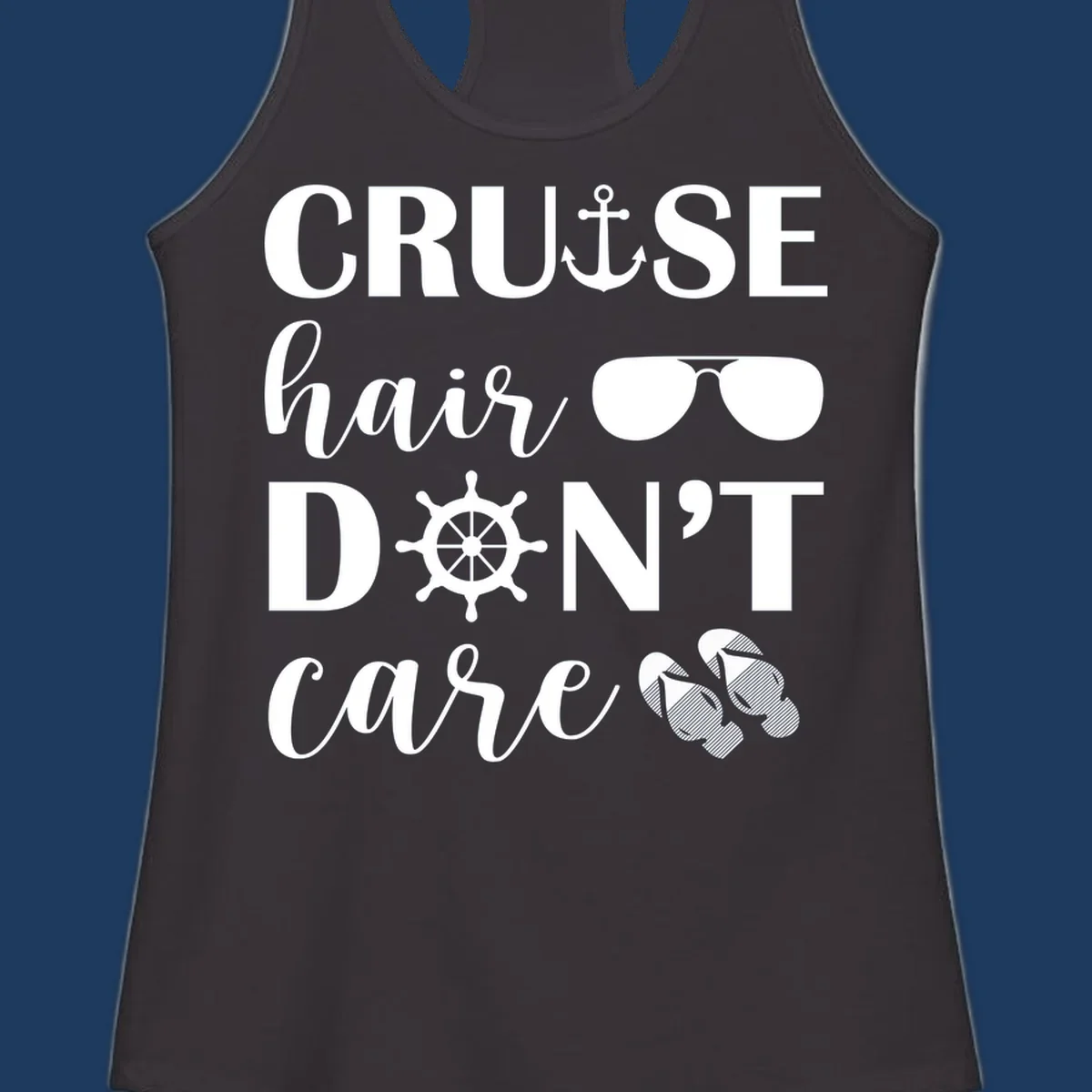 Cruise hair don't care design with nautical icons including anchor, sunglasses, ship wheel and flip-flops on gray background