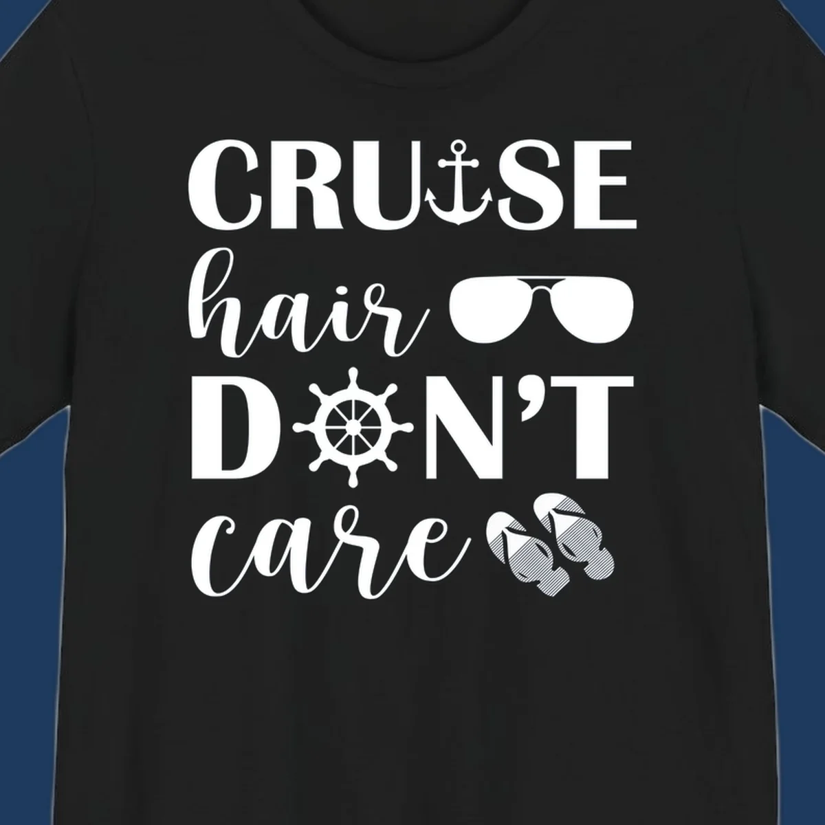 Cruise hair don't care design with nautical icons including anchor, sunglasses, ship wheel and flip-flops on gray background