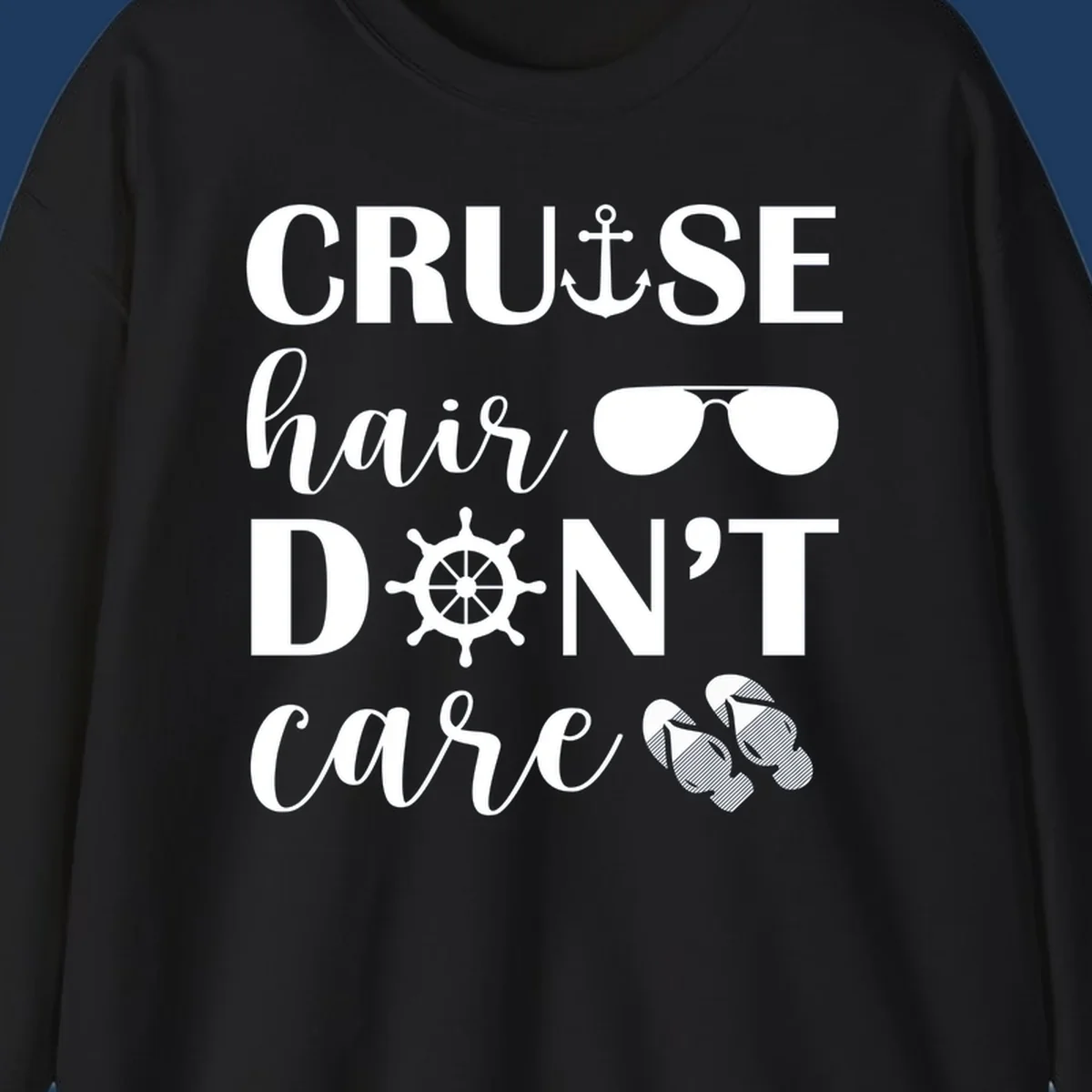 Cruise hair don't care design with nautical icons including anchor, sunglasses, ship wheel and flip-flops on gray background