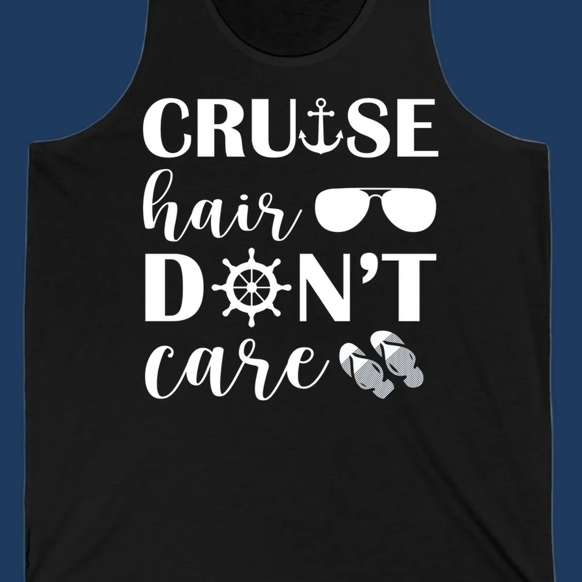 Cruise hair don't care design with nautical icons including anchor, sunglasses, ship wheel and flip-flops on gray background