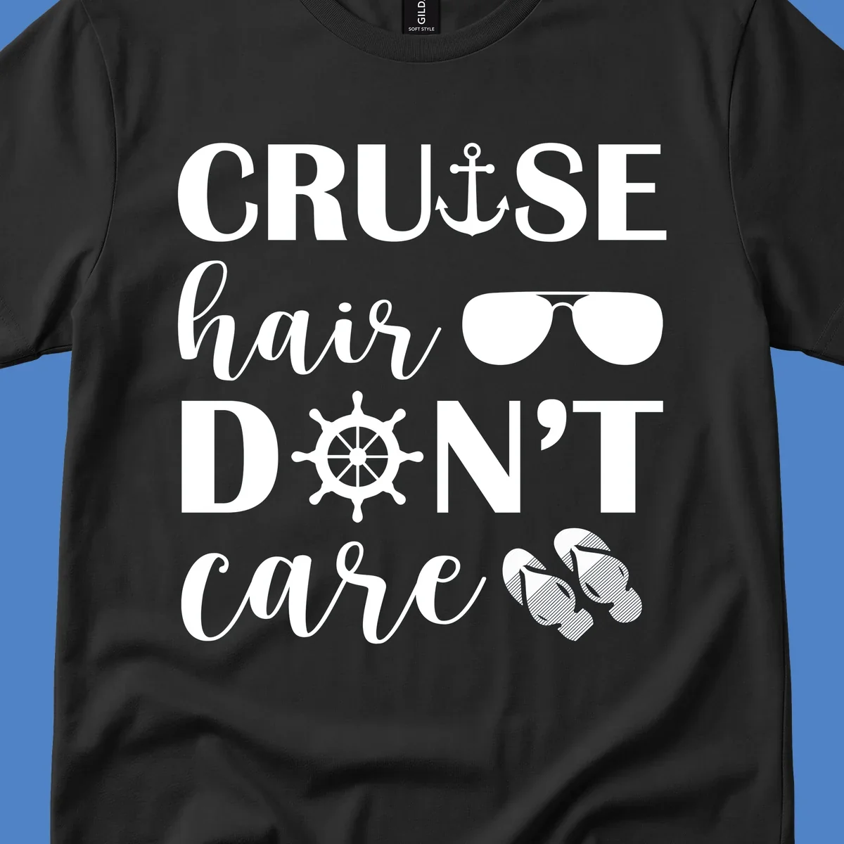 Cruise hair don't care design with nautical icons including anchor, sunglasses, ship wheel and flip-flops on gray background