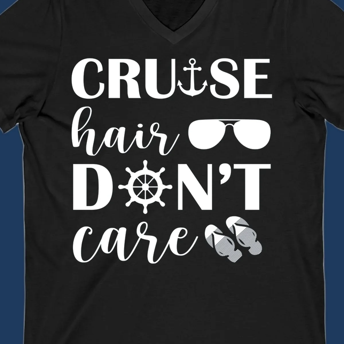 Cruise hair don't care design with nautical icons including anchor, sunglasses, ship wheel and flip-flops on gray background