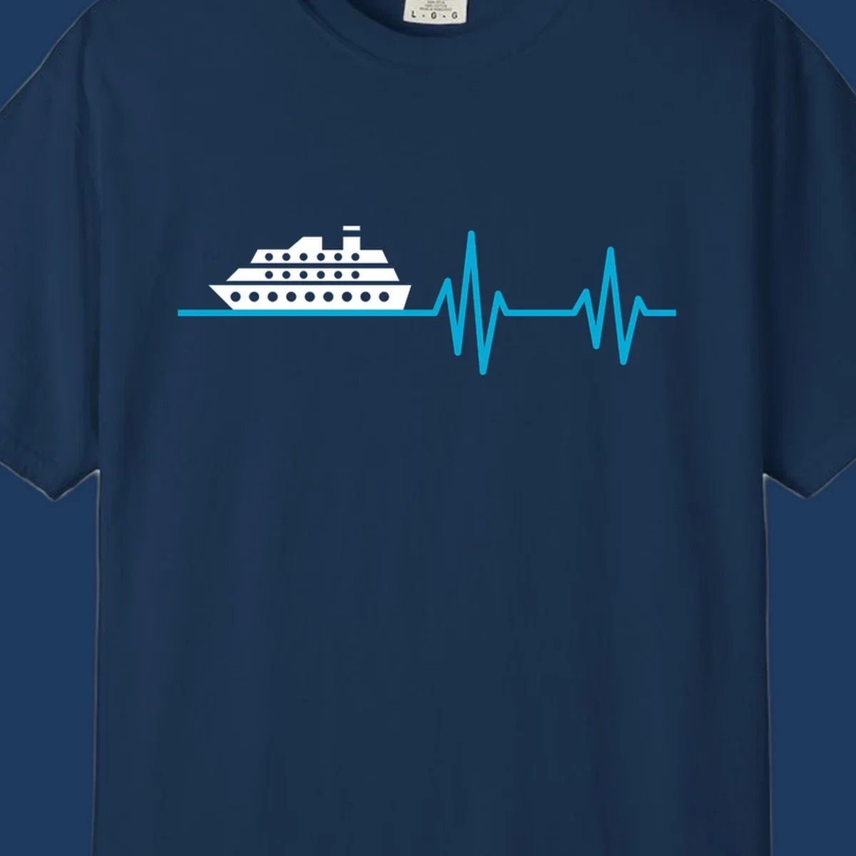 Cruise ship with heartbeat line design showing a ship illustration above a cyan EKG-style wave pattern representing cruise vacation excitement