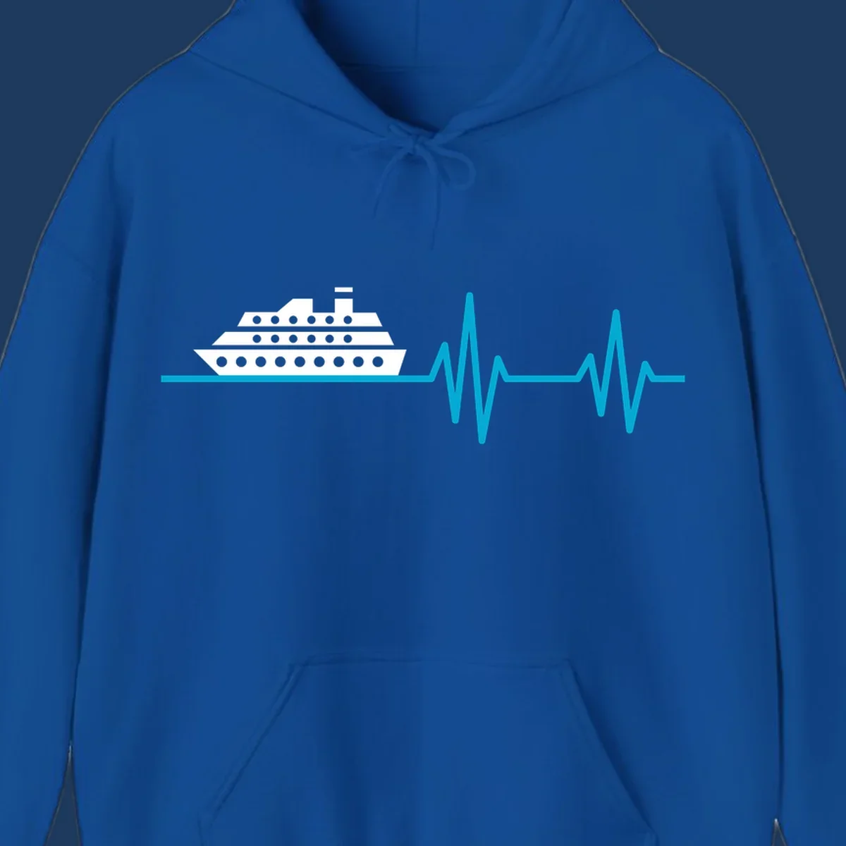 Cruise ship with heartbeat line design showing a ship illustration above a cyan EKG-style wave pattern representing cruise vacation excitement