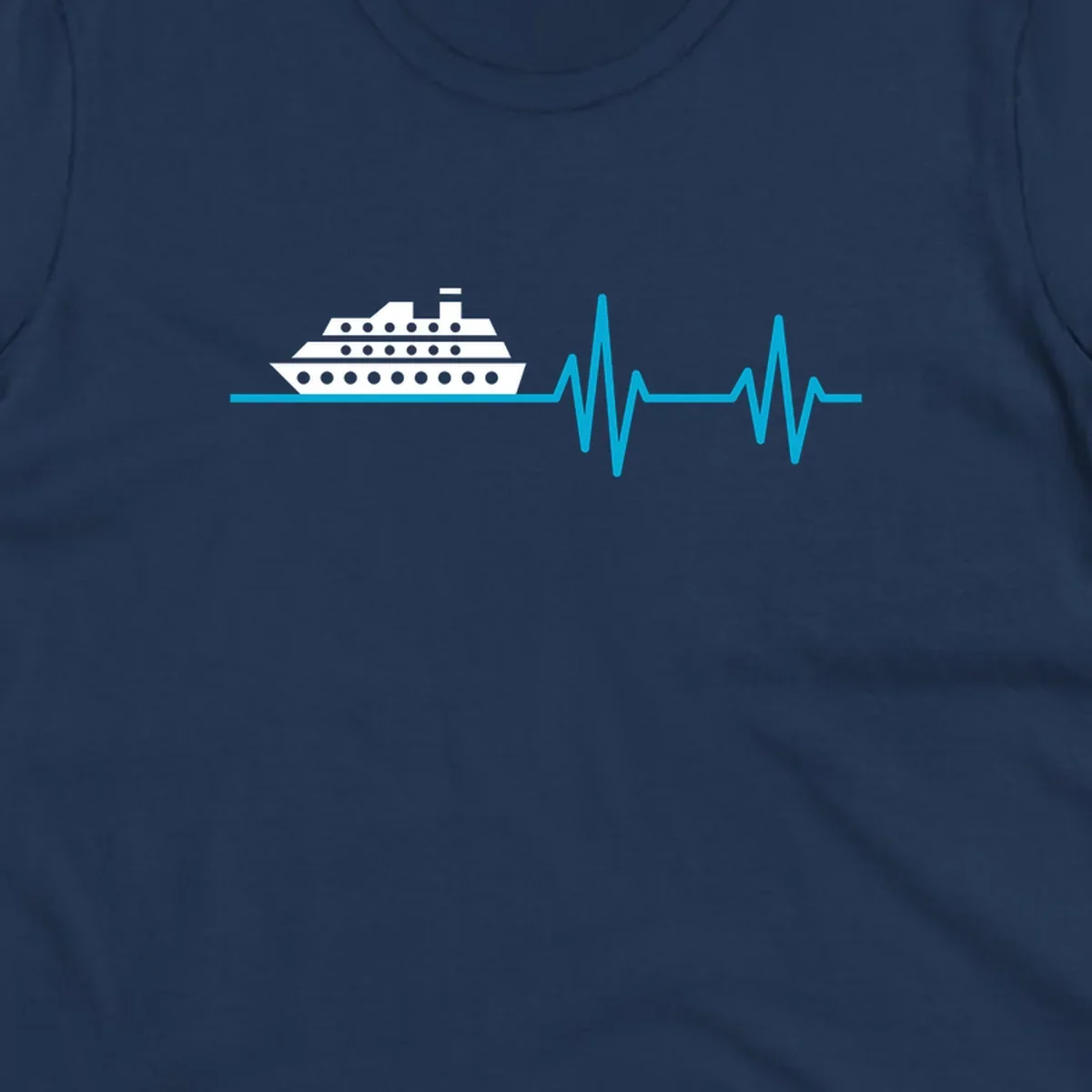 Cruise ship with heartbeat line design showing a ship illustration above a cyan EKG-style wave pattern representing cruise vacation excitement