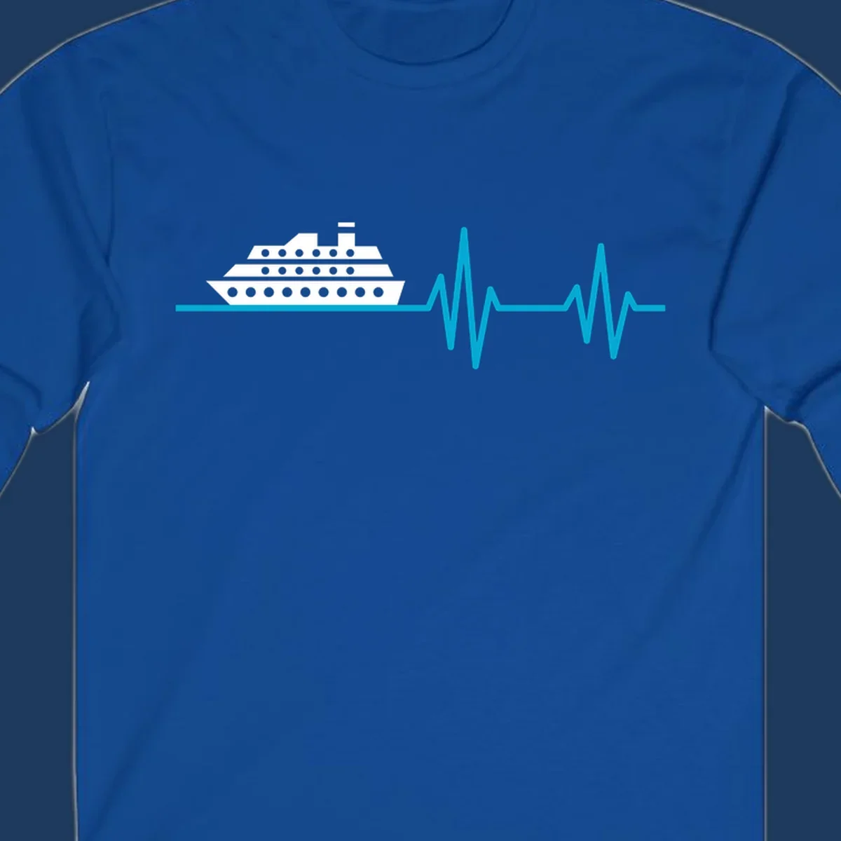 Cruise ship with heartbeat line design showing a ship illustration above a cyan EKG-style wave pattern representing cruise vacation excitement