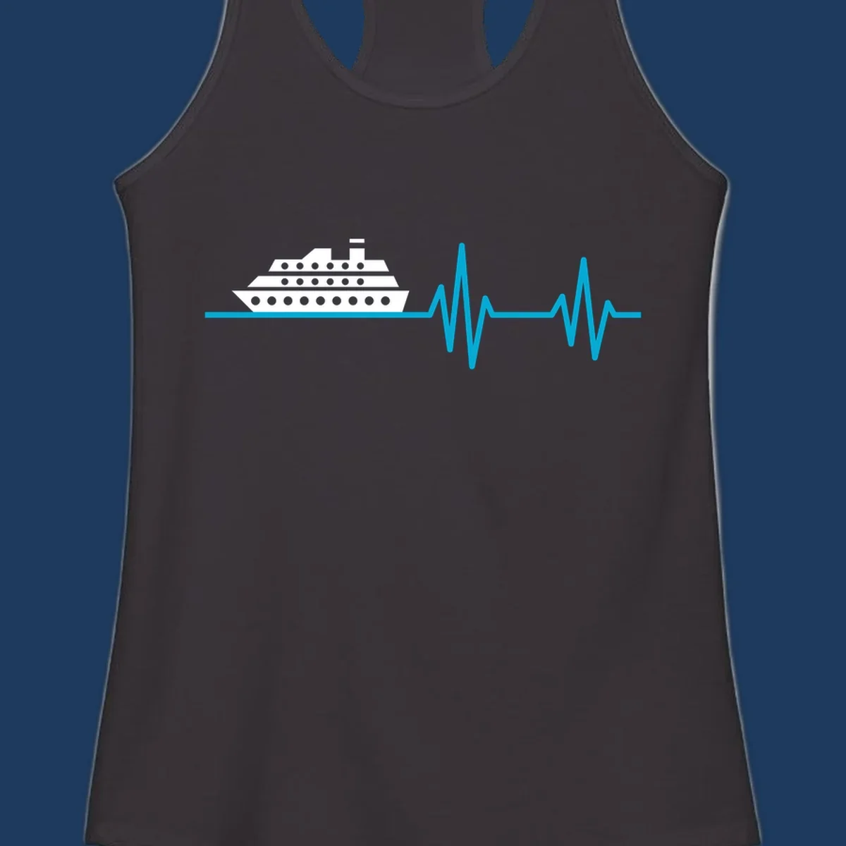 Cruise ship with heartbeat line design showing a ship illustration above a cyan EKG-style wave pattern representing cruise vacation excitement