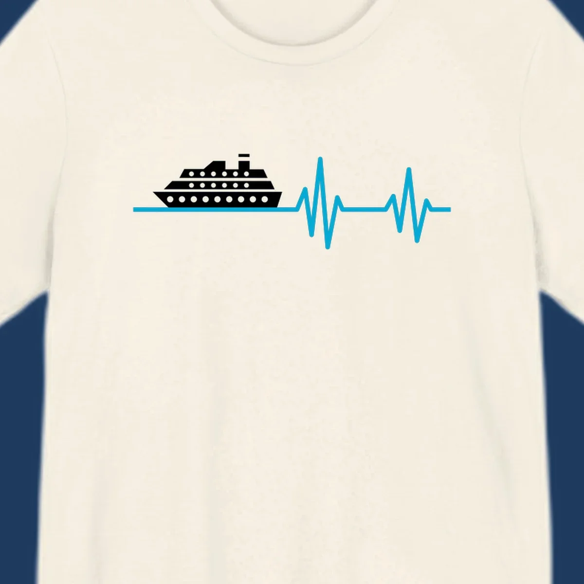 Cruise ship with heartbeat line design showing a ship illustration above a cyan EKG-style wave pattern representing cruise vacation excitement