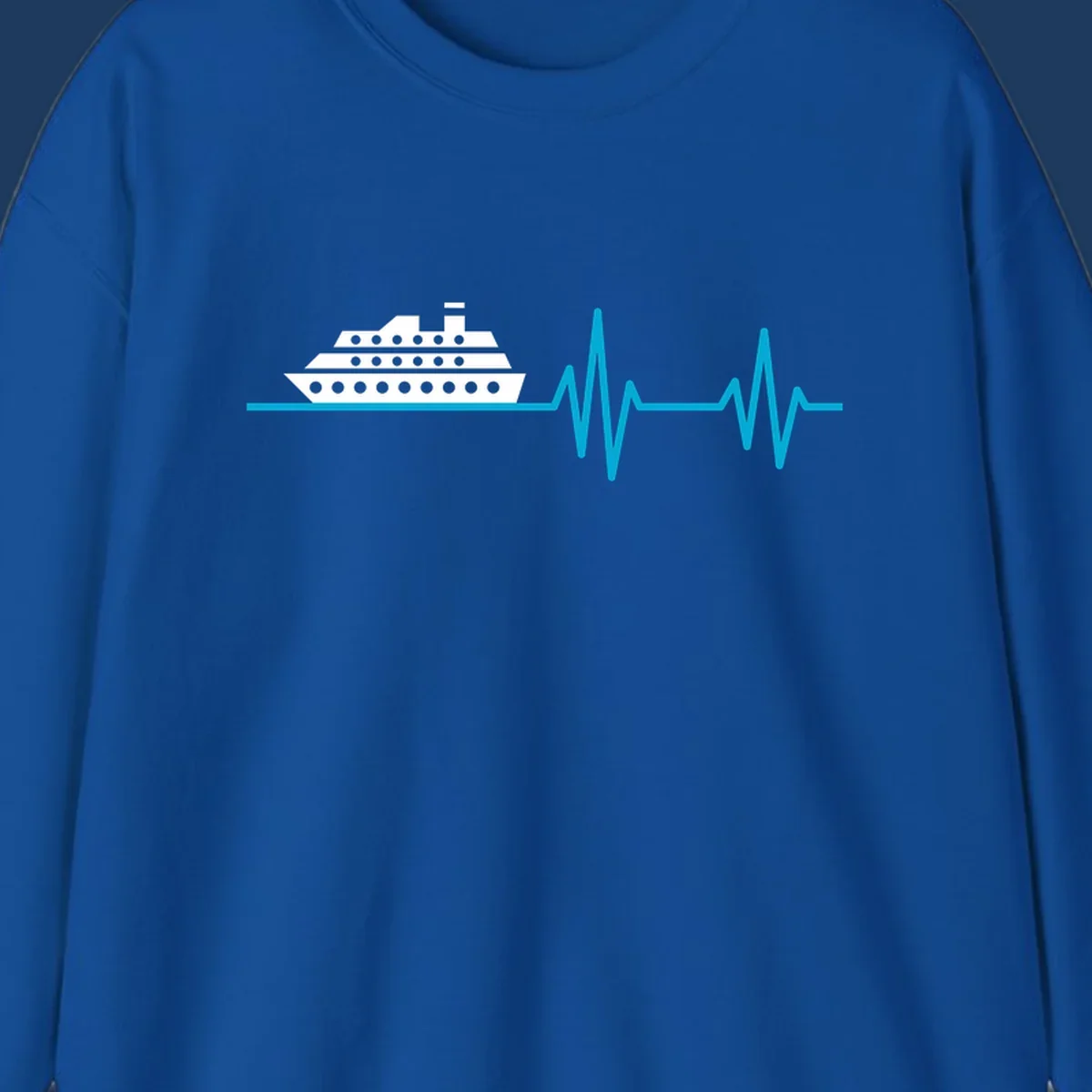 Cruise ship with heartbeat line design showing a ship illustration above a cyan EKG-style wave pattern representing cruise vacation excitement