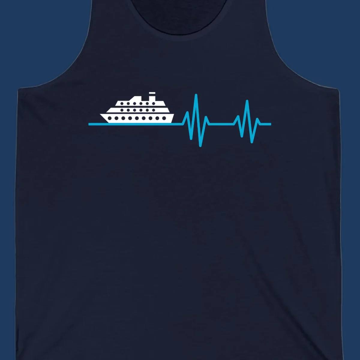 Cruise ship with heartbeat line design showing a ship illustration above a cyan EKG-style wave pattern representing cruise vacation excitement
