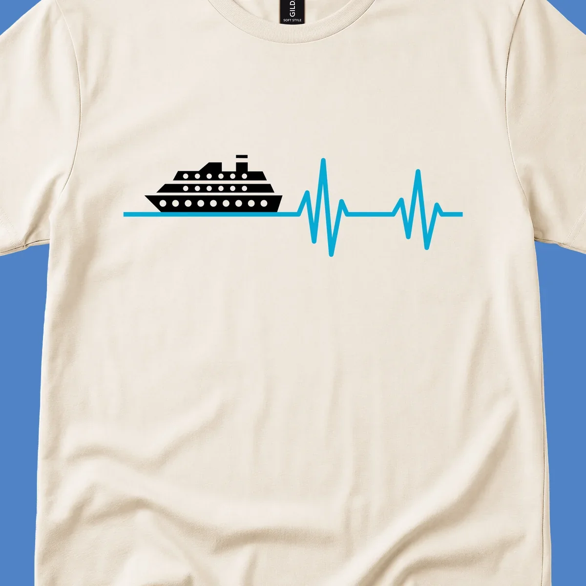 Cruise ship with heartbeat line design showing a ship illustration above a cyan EKG-style wave pattern representing cruise vacation excitement