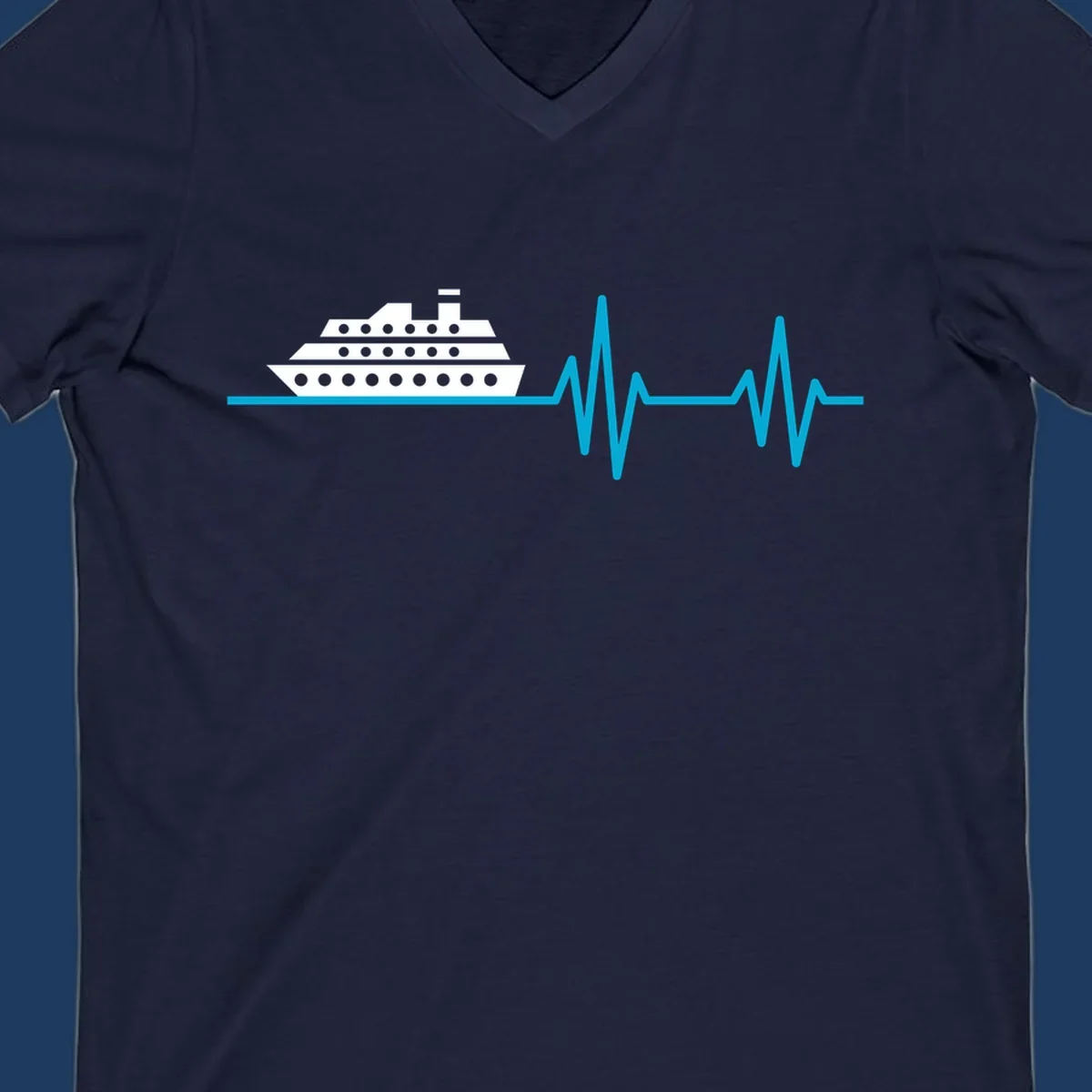 Cruise ship with heartbeat line design showing a ship illustration above a cyan EKG-style wave pattern representing cruise vacation excitement