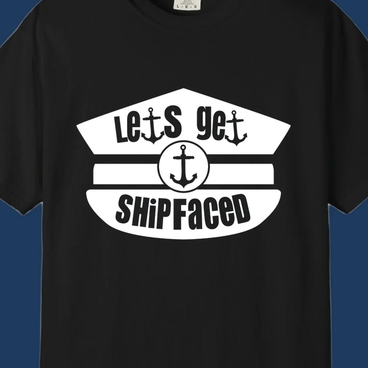 Let's Get Shipfaced vintage nautical design with three anchors and horizontal stripes in gray and white