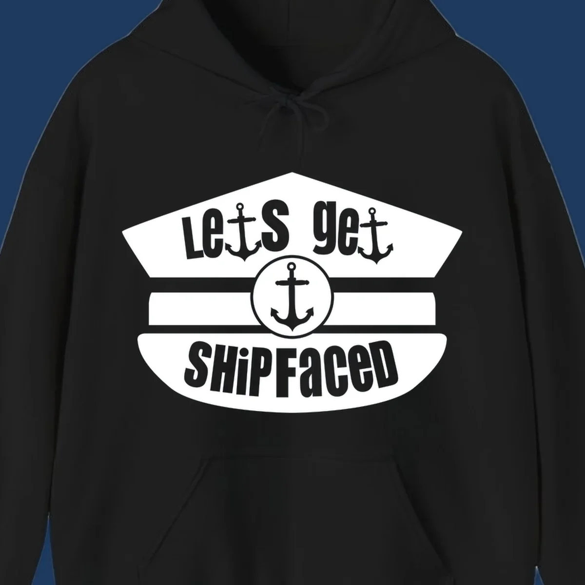 Let's Get Shipfaced vintage nautical design with three anchors and horizontal stripes in gray and white