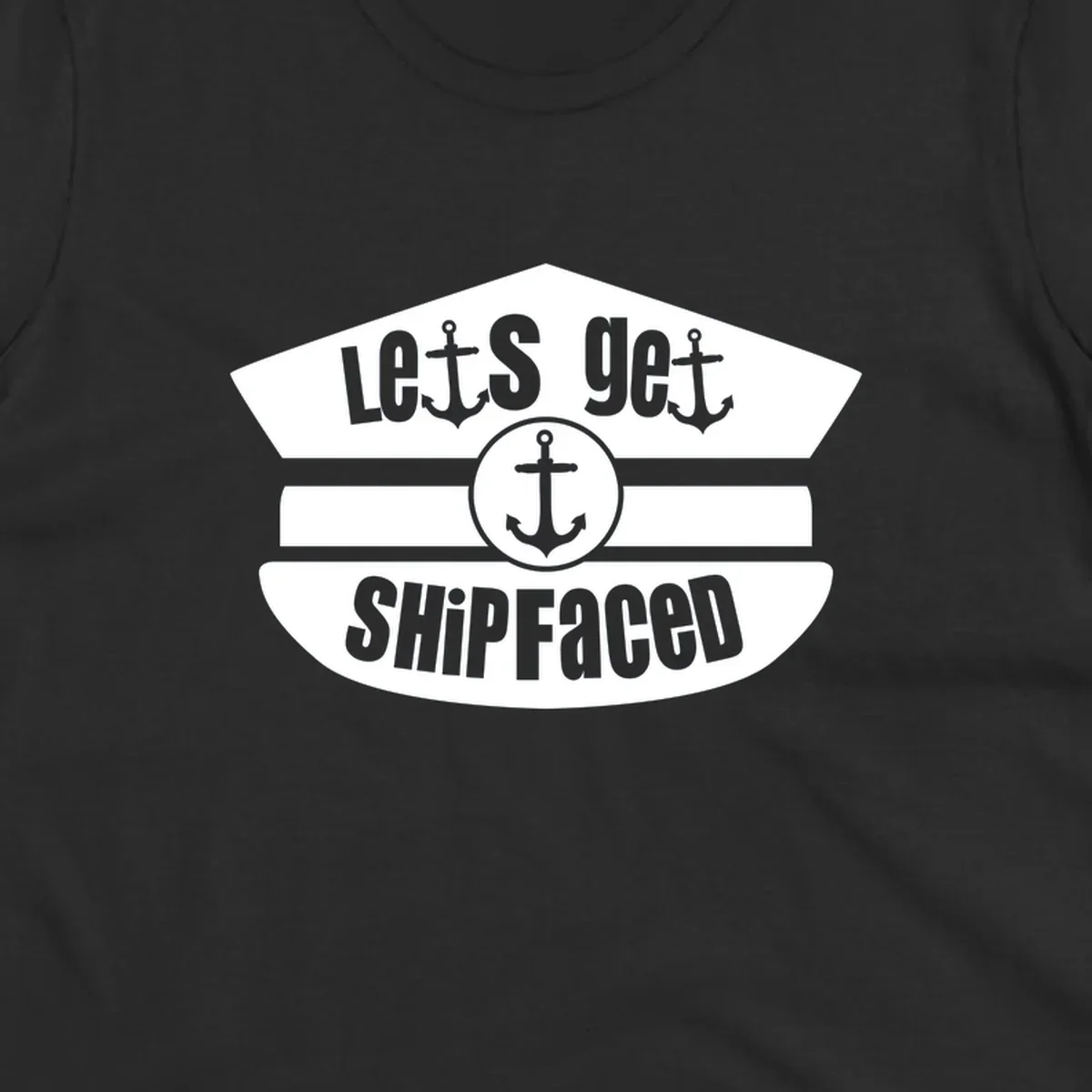 Let's Get Shipfaced vintage nautical design with three anchors and horizontal stripes in gray and white
