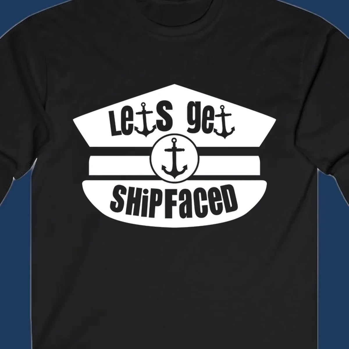 Let's Get Shipfaced vintage nautical design with three anchors and horizontal stripes in gray and white