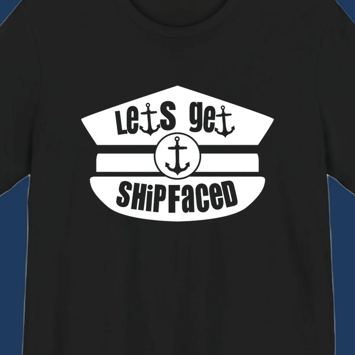 Let's Get Shipfaced vintage nautical design with three anchors and horizontal stripes in gray and white