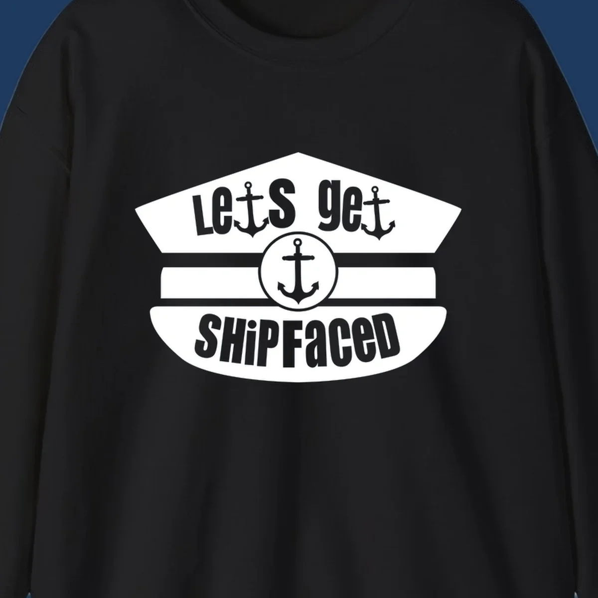 Let's Get Shipfaced vintage nautical design with three anchors and horizontal stripes in gray and white