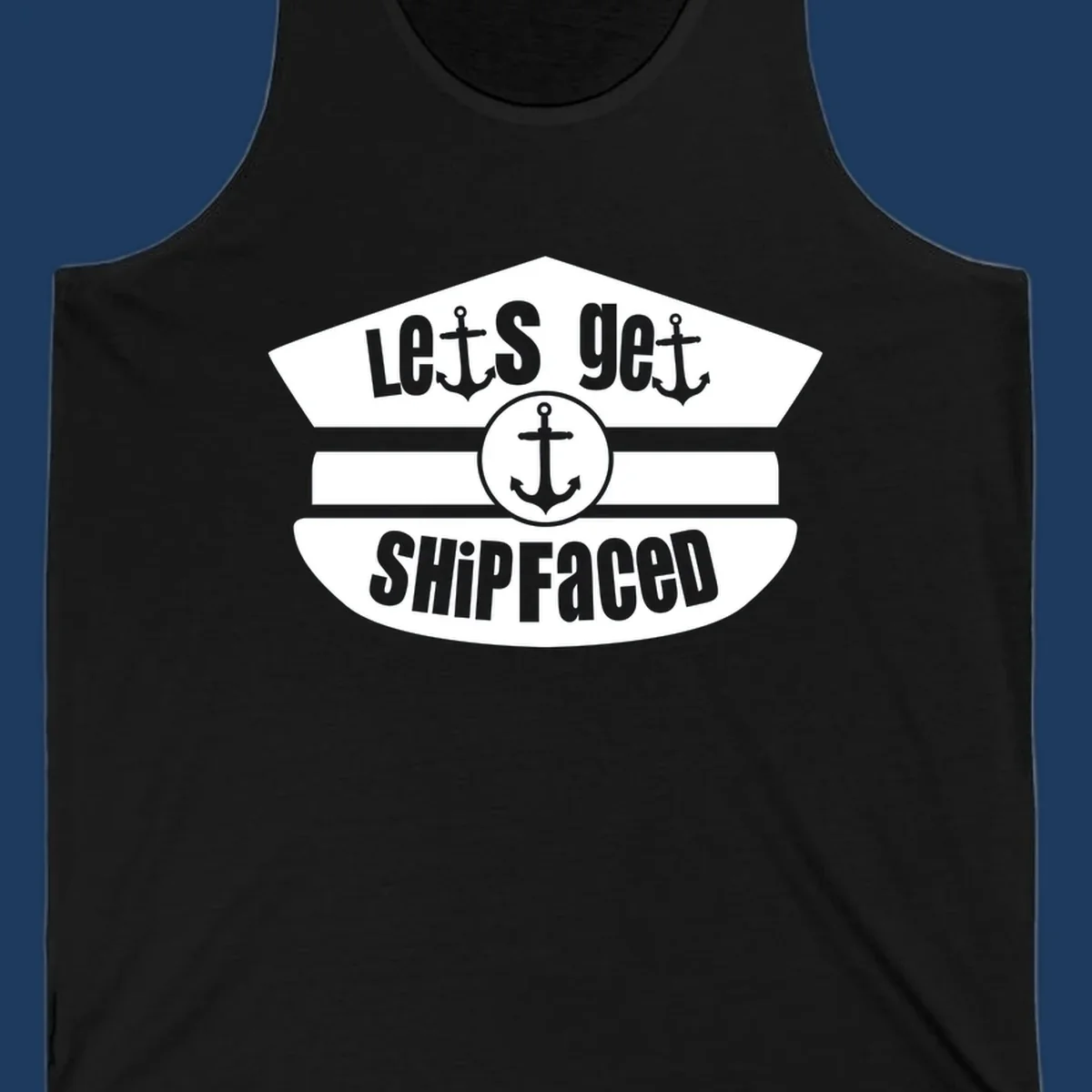 Let's Get Shipfaced vintage nautical design with three anchors and horizontal stripes in gray and white