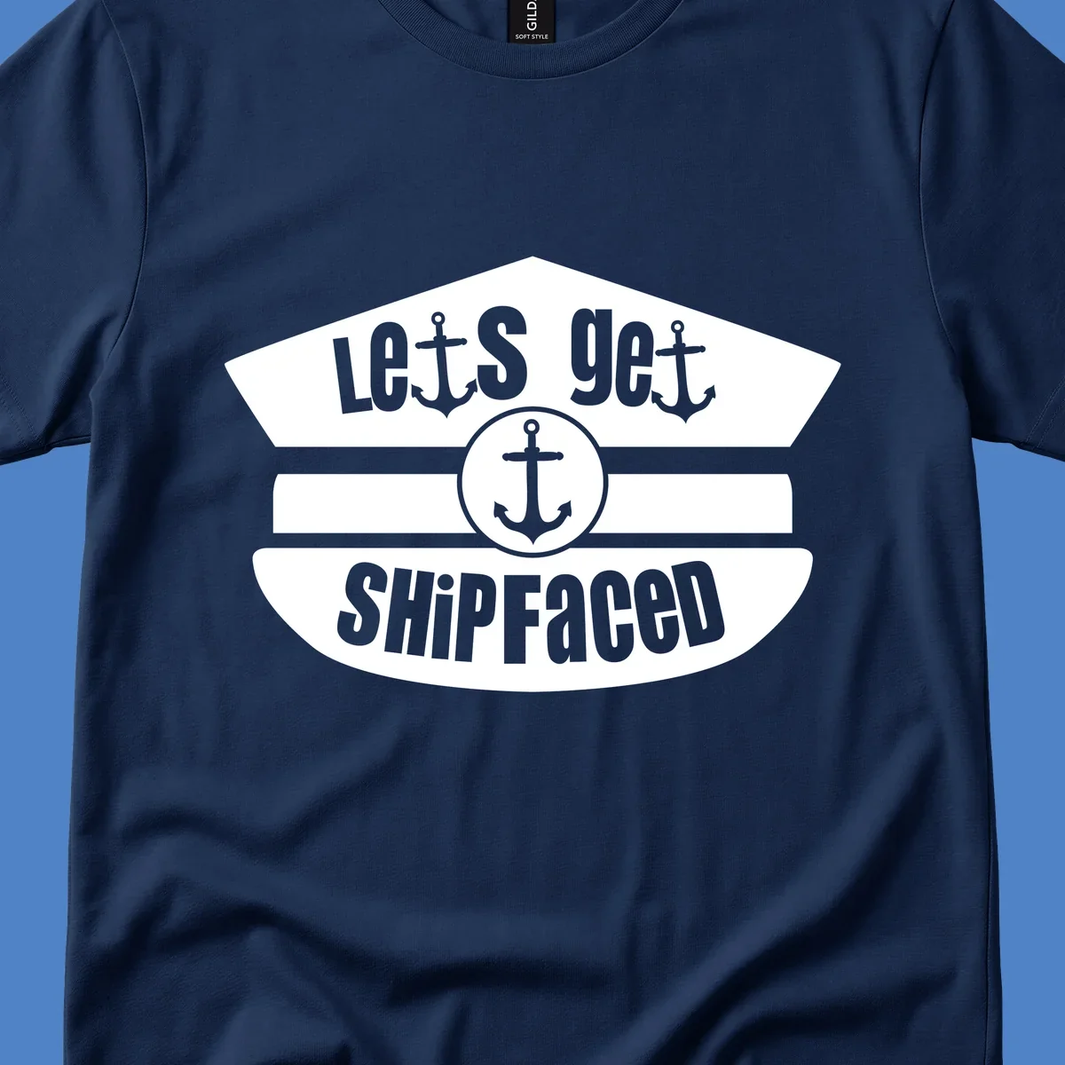 Let's Get Shipfaced vintage nautical design with three anchors and horizontal stripes in gray and white