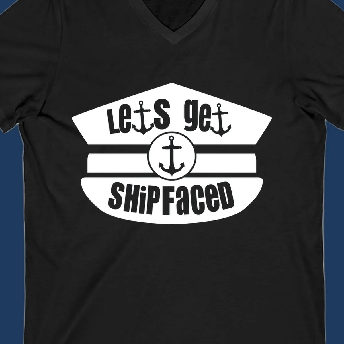 Let's Get Shipfaced vintage nautical design with three anchors and horizontal stripes in gray and white
