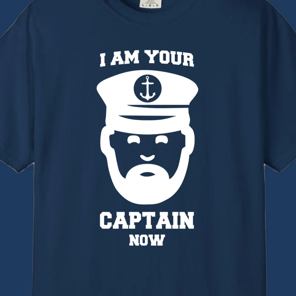 Illustration of a bearded ship captain in white naval uniform with anchor emblem and text reading 'I Am Your Captain Now' for captain-now-cruise design