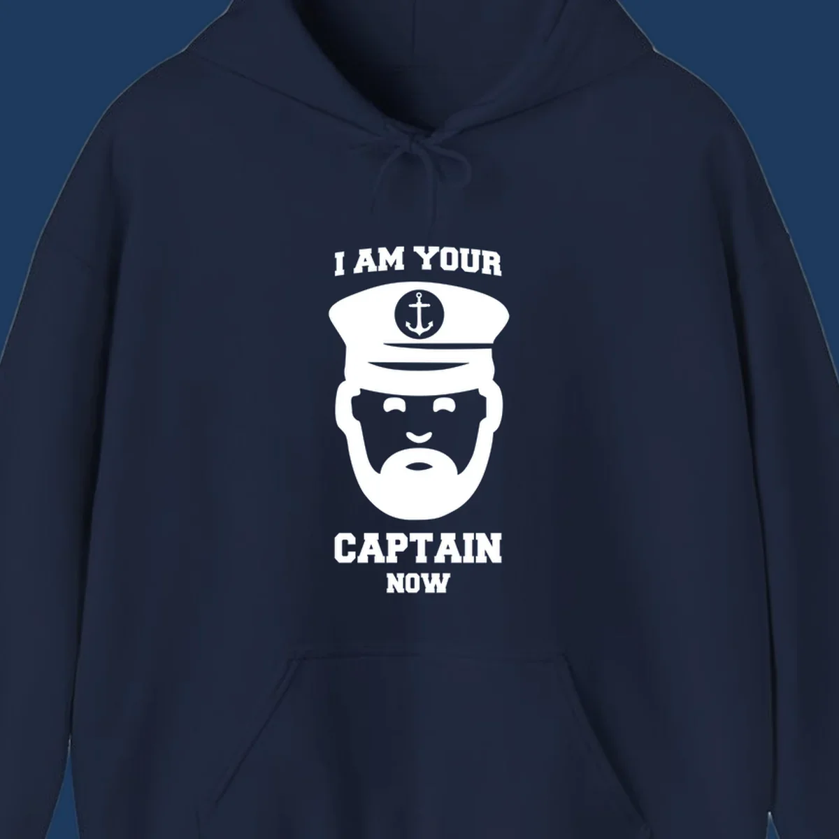 Illustration of a bearded ship captain in white naval uniform with anchor emblem and text reading 'I Am Your Captain Now' for captain-now-cruise design