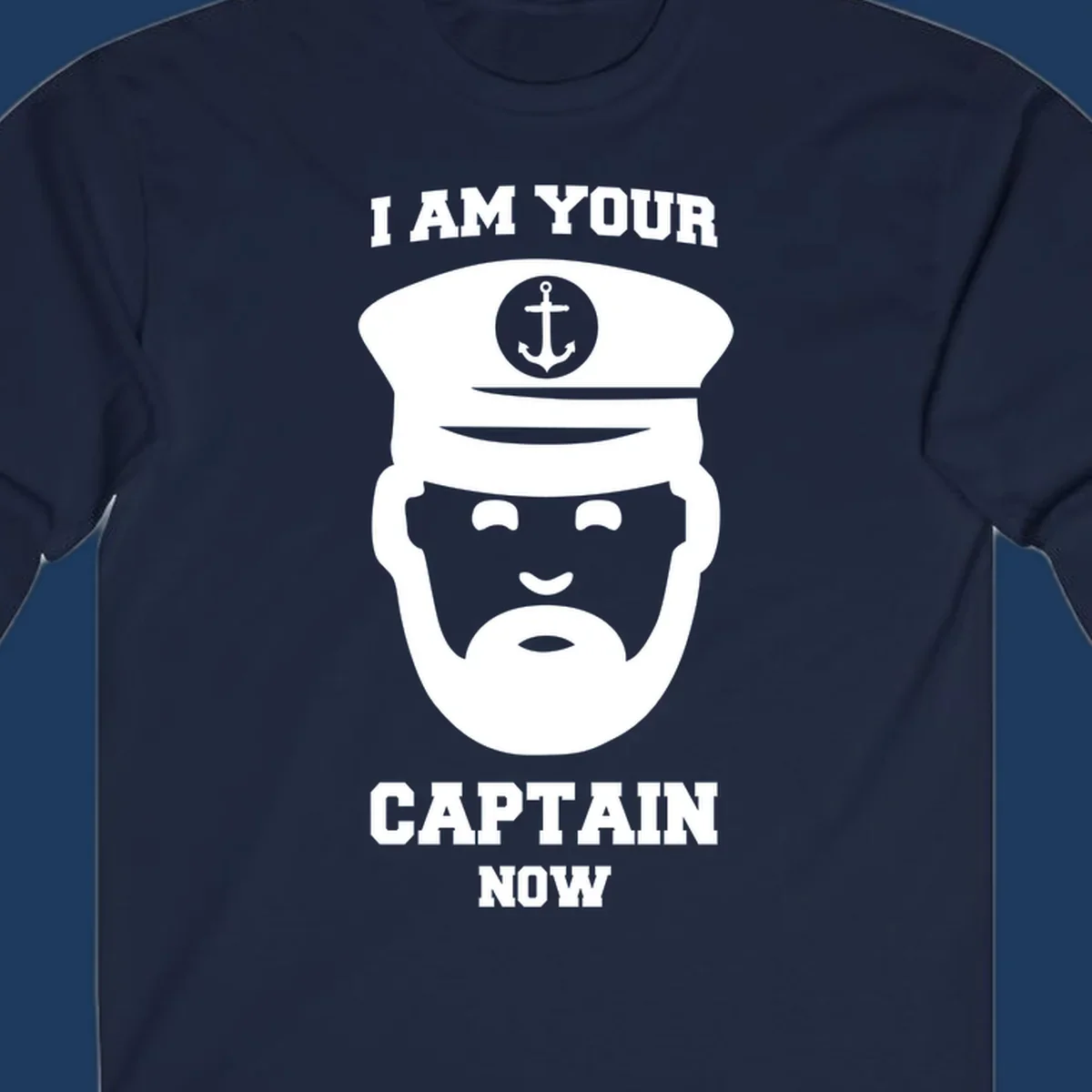 Illustration of a bearded ship captain in white naval uniform with anchor emblem and text reading 'I Am Your Captain Now' for captain-now-cruise design
