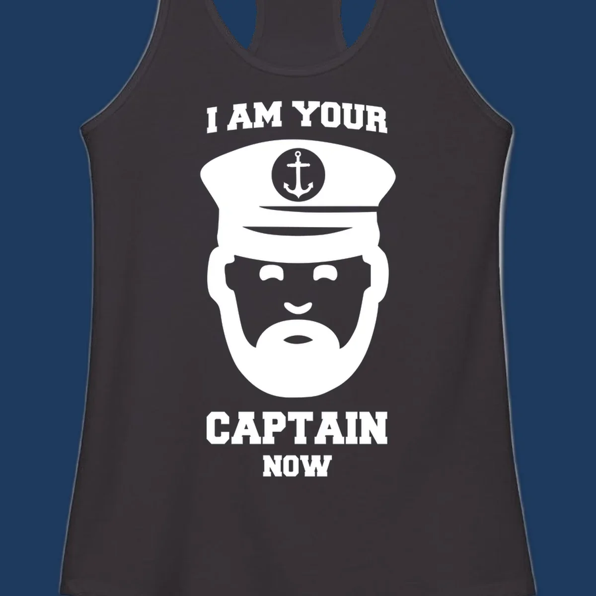 Illustration of a bearded ship captain in white naval uniform with anchor emblem and text reading 'I Am Your Captain Now' for captain-now-cruise design