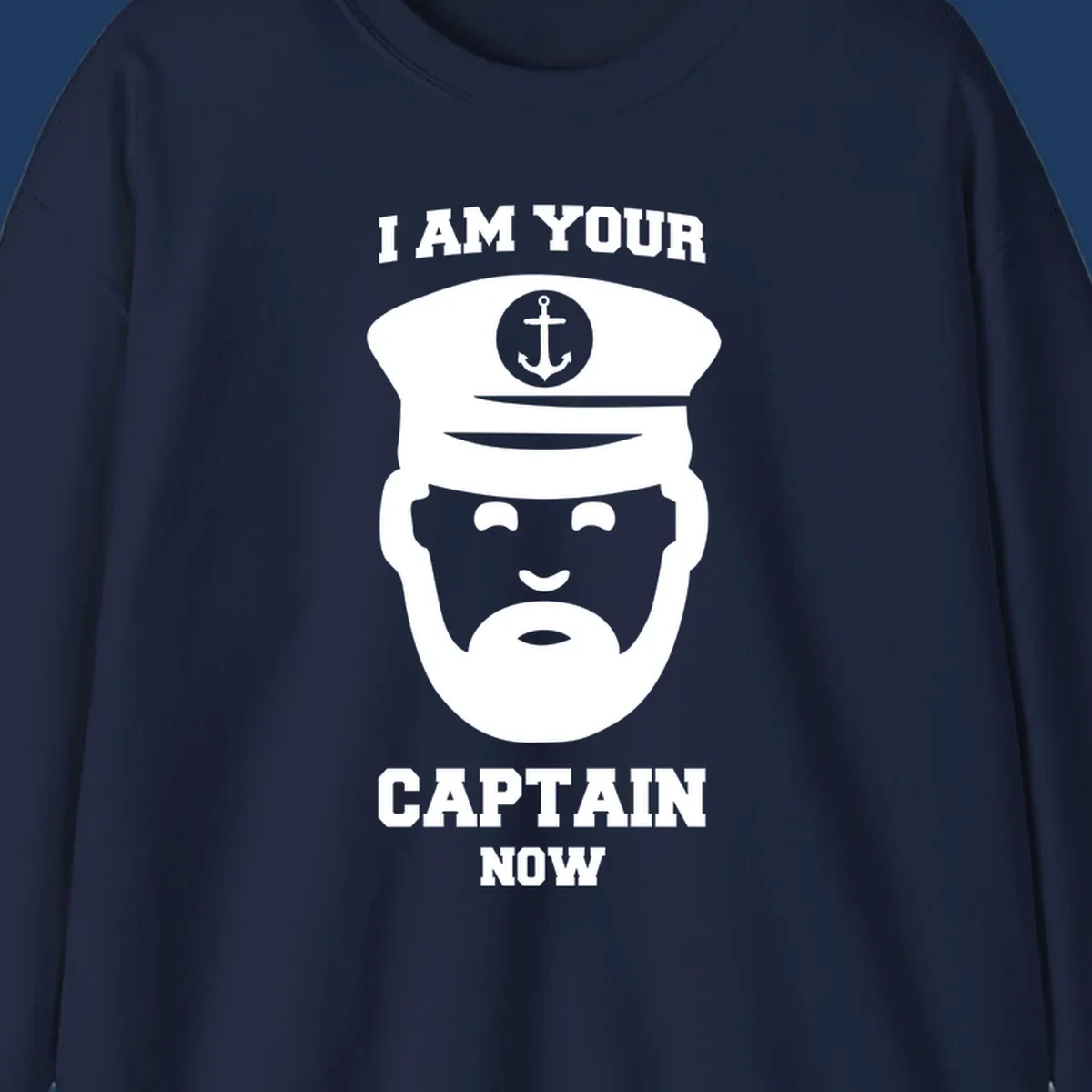 Illustration of a bearded ship captain in white naval uniform with anchor emblem and text reading 'I Am Your Captain Now' for captain-now-cruise design