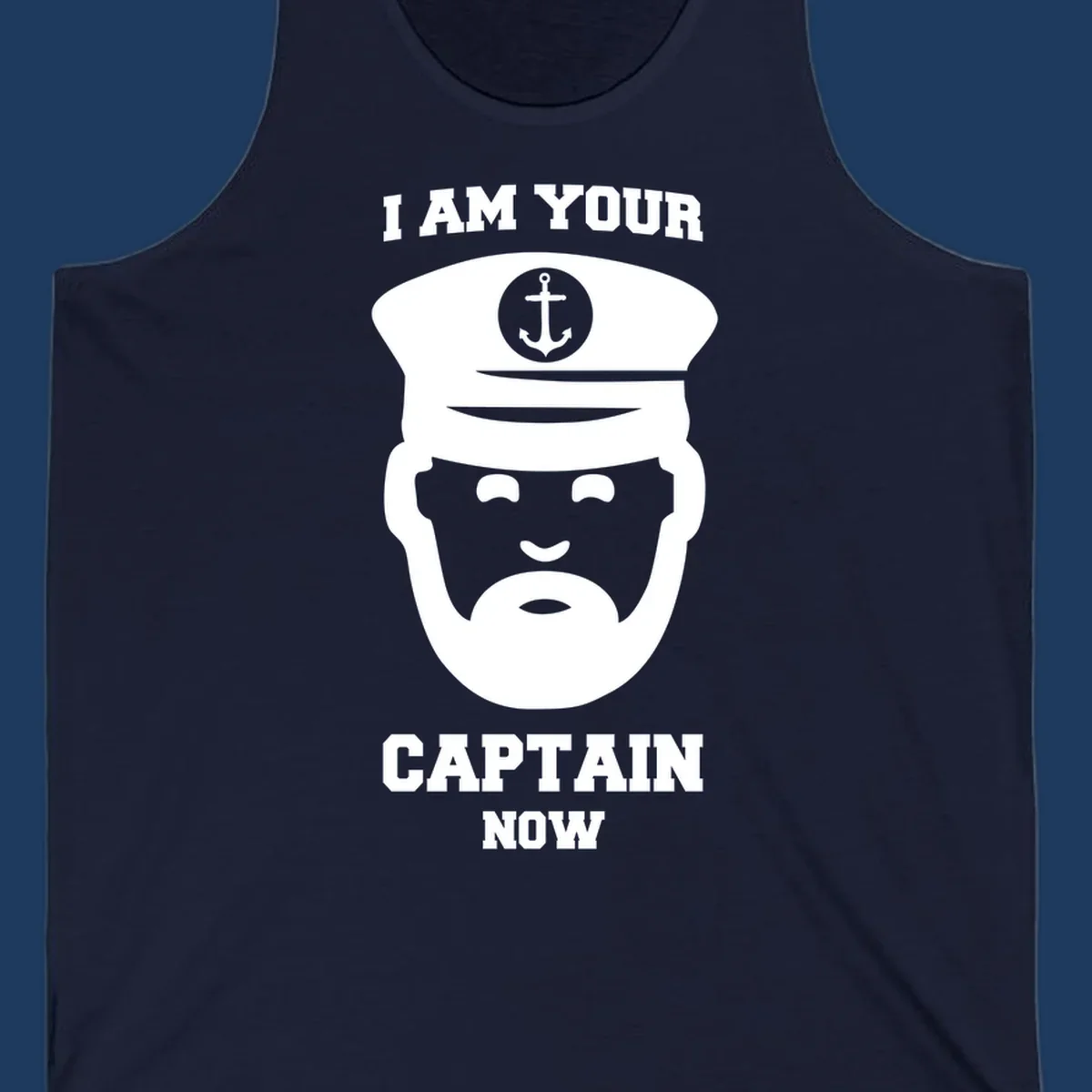 Illustration of a bearded ship captain in white naval uniform with anchor emblem and text reading 'I Am Your Captain Now' for captain-now-cruise design