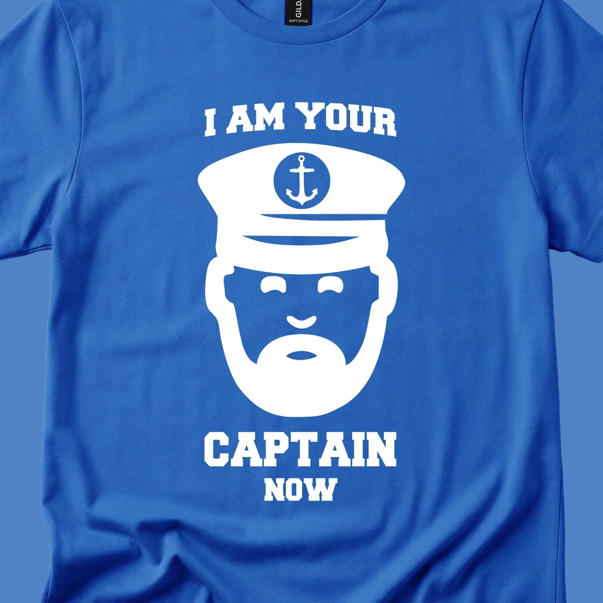 Illustration of a bearded ship captain in white naval uniform with anchor emblem and text reading 'I Am Your Captain Now' for captain-now-cruise design