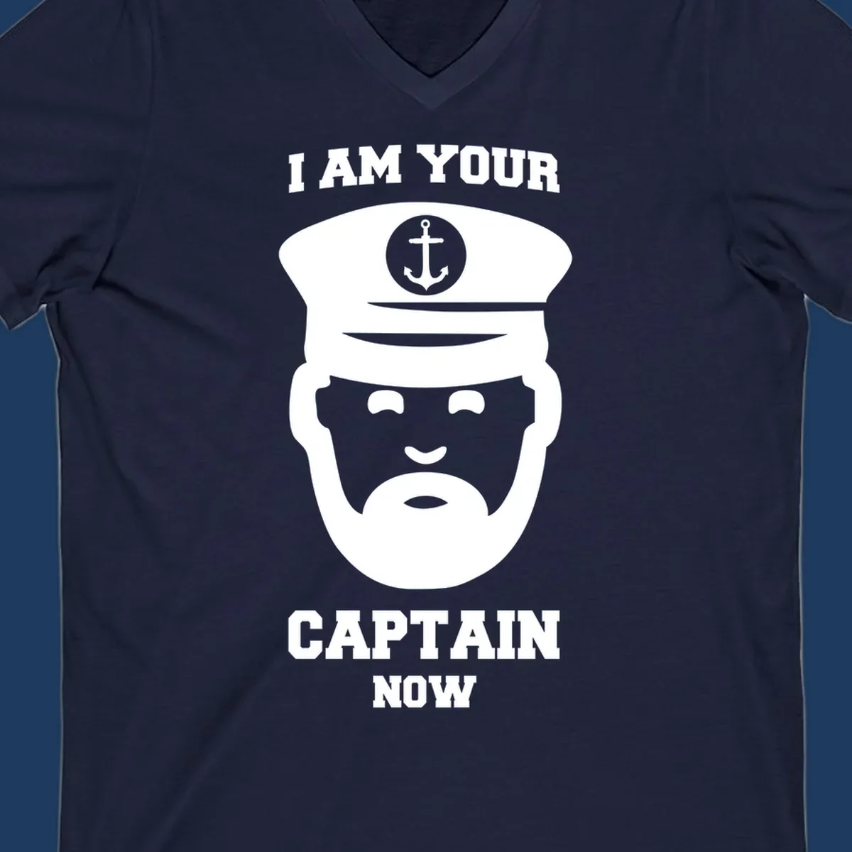 Illustration of a bearded ship captain in white naval uniform with anchor emblem and text reading 'I Am Your Captain Now' for captain-now-cruise design