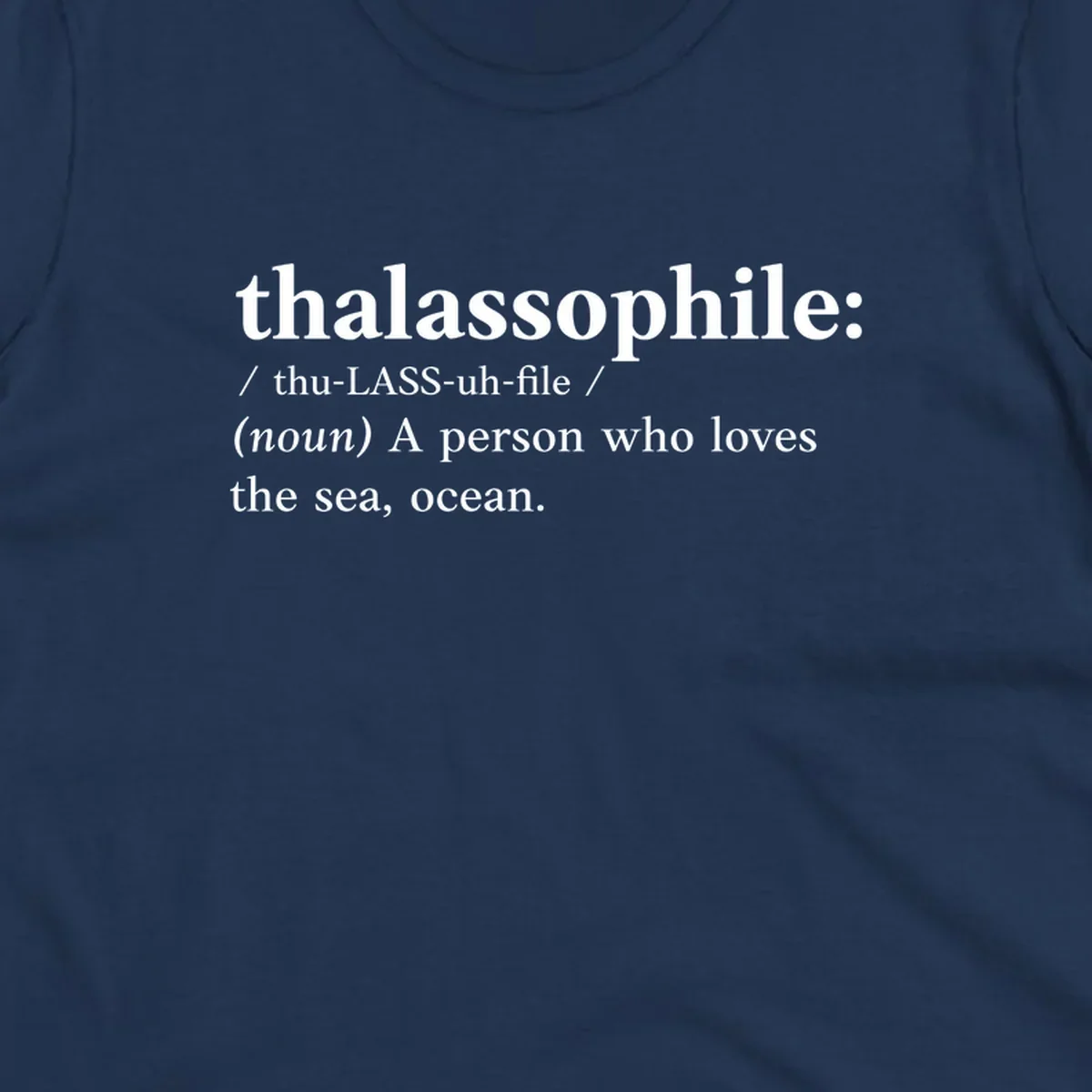 Dictionary-style definition of thalassophile, meaning a person who loves the sea and ocean, in white text on gray background
