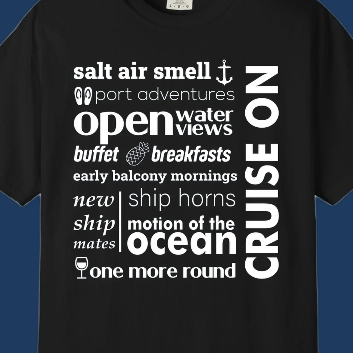 Cruise vibes word cloud with nautical icons featuring phrases like salt air, port adventures, and motion of the ocean on gray background