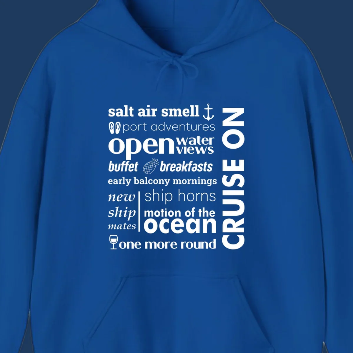 Cruise vibes word cloud with nautical icons featuring phrases like salt air, port adventures, and motion of the ocean on gray background