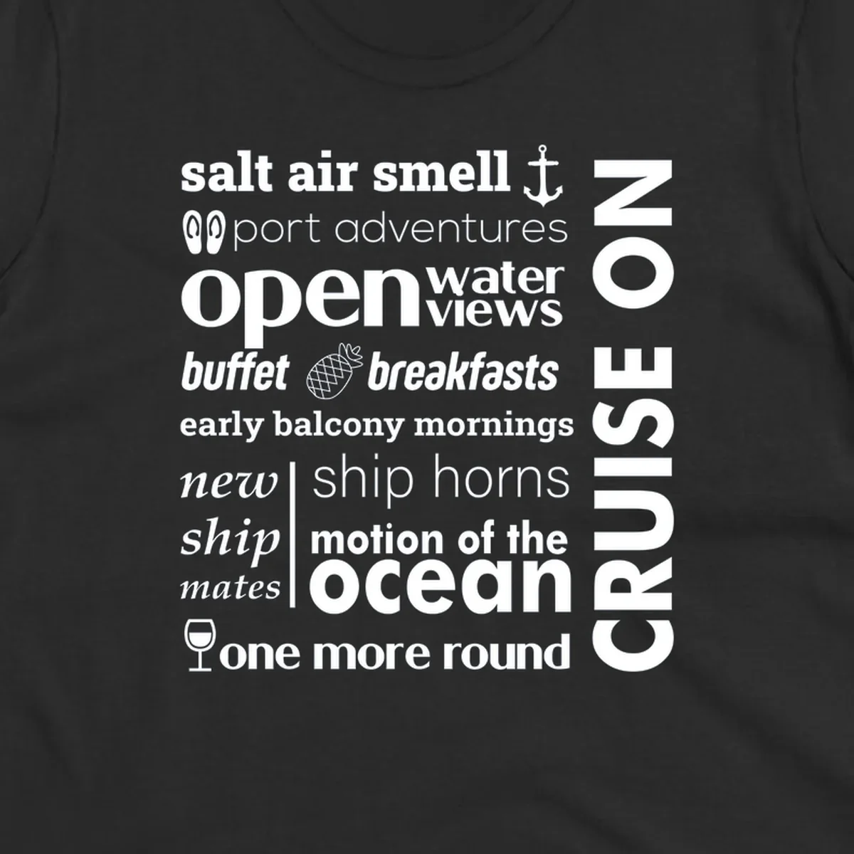 Cruise vibes word cloud with nautical icons featuring phrases like salt air, port adventures, and motion of the ocean on gray background