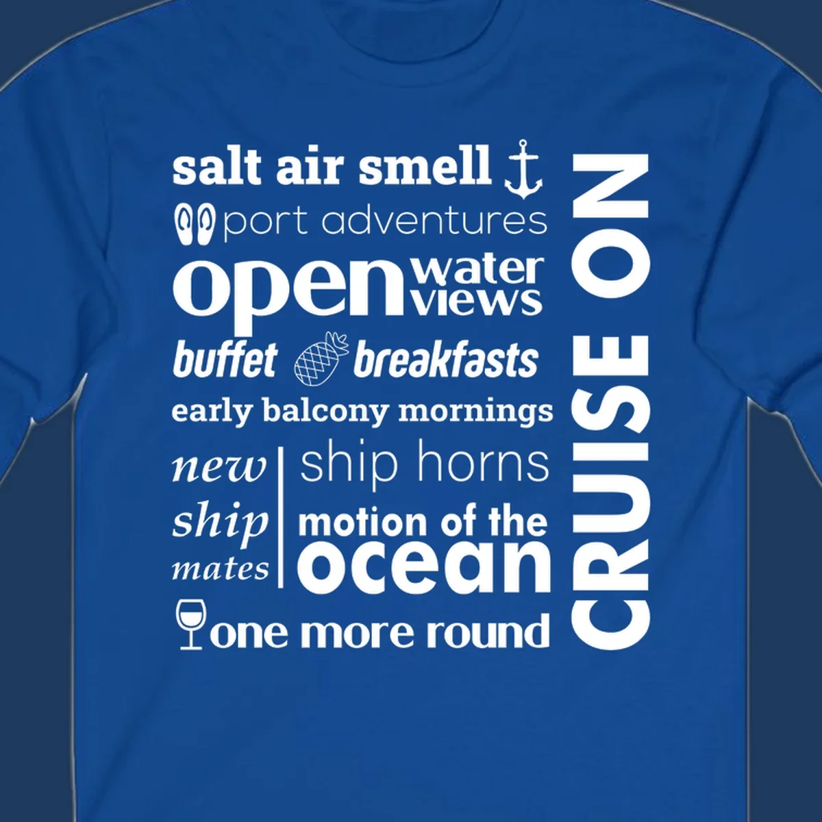 Cruise vibes word cloud with nautical icons featuring phrases like salt air, port adventures, and motion of the ocean on gray background