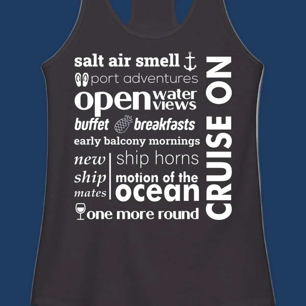 Cruise vibes word cloud with nautical icons featuring phrases like salt air, port adventures, and motion of the ocean on gray background