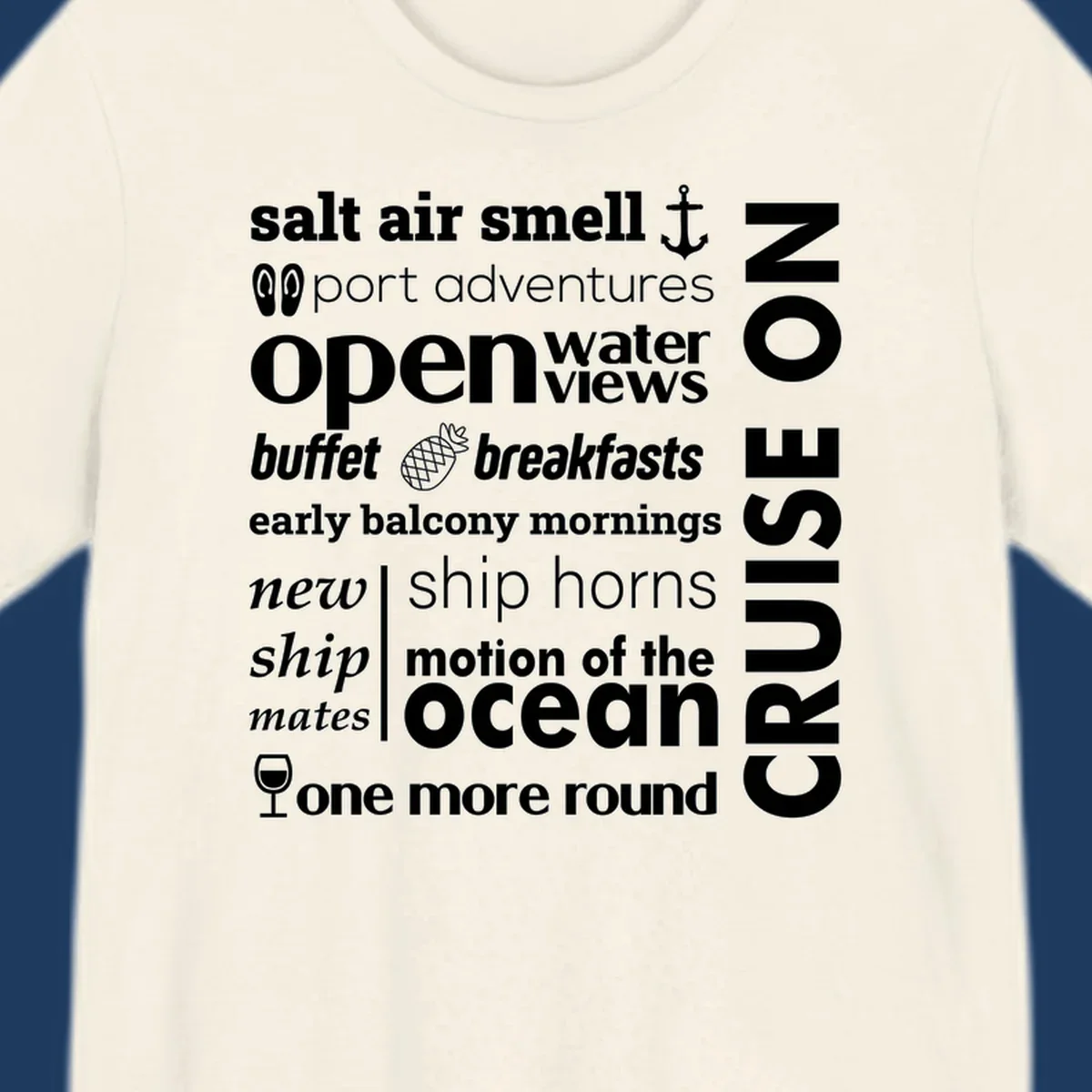 Cruise vibes word cloud with nautical icons featuring phrases like salt air, port adventures, and motion of the ocean on gray background