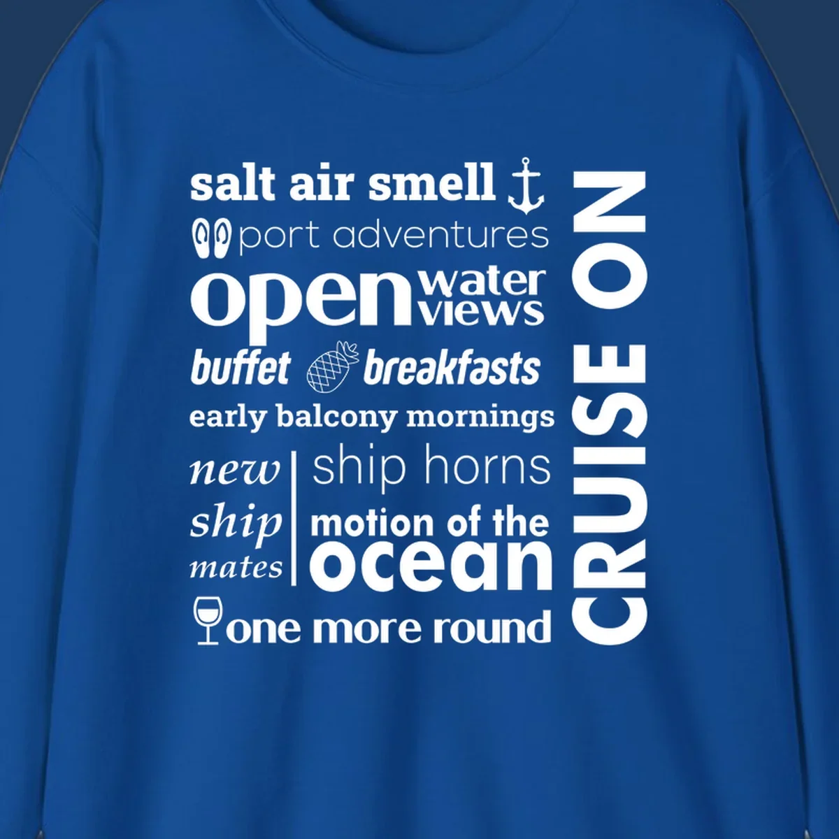 Cruise vibes word cloud with nautical icons featuring phrases like salt air, port adventures, and motion of the ocean on gray background